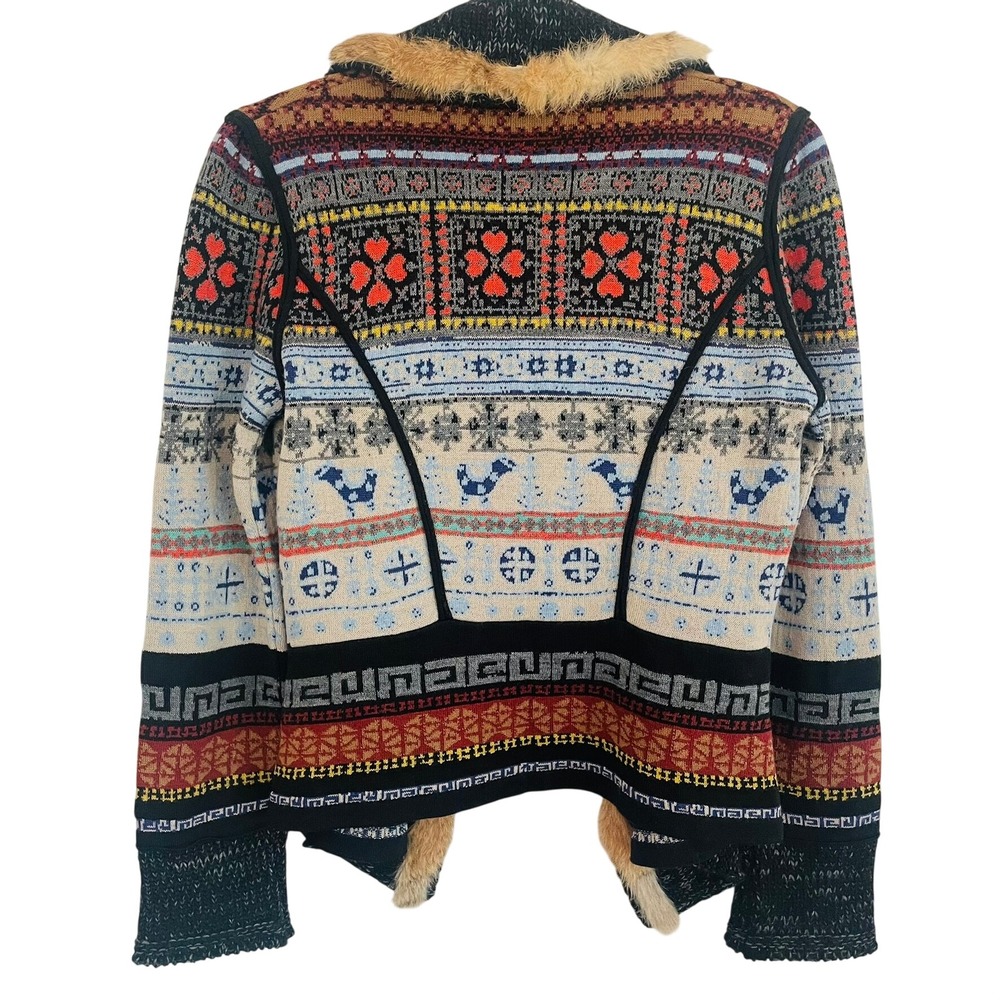 Aldo Martins Fair Isle‎ Geometric Real Fur Trim Open Cardigan Sweater Size 4 XS - Picture 6 of 9